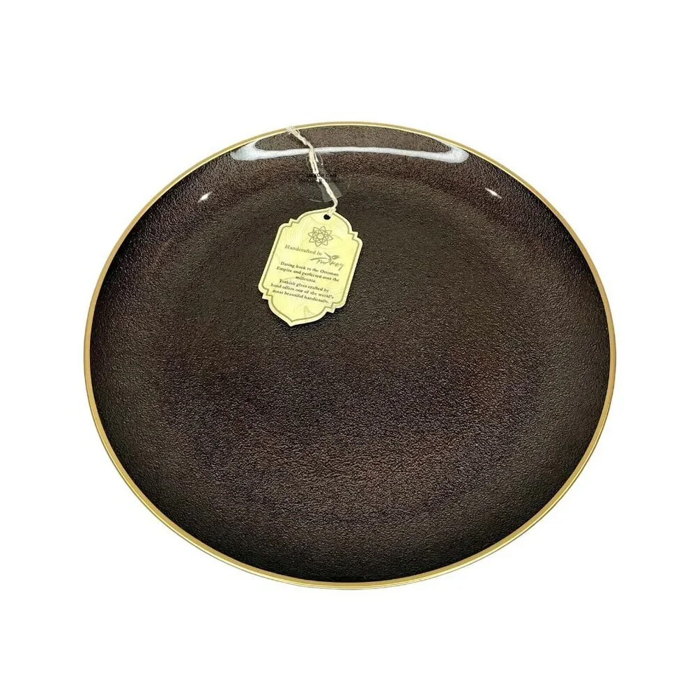 Turkish Glass 4 Charger Plates Set Brown Textured Gold Rim 13